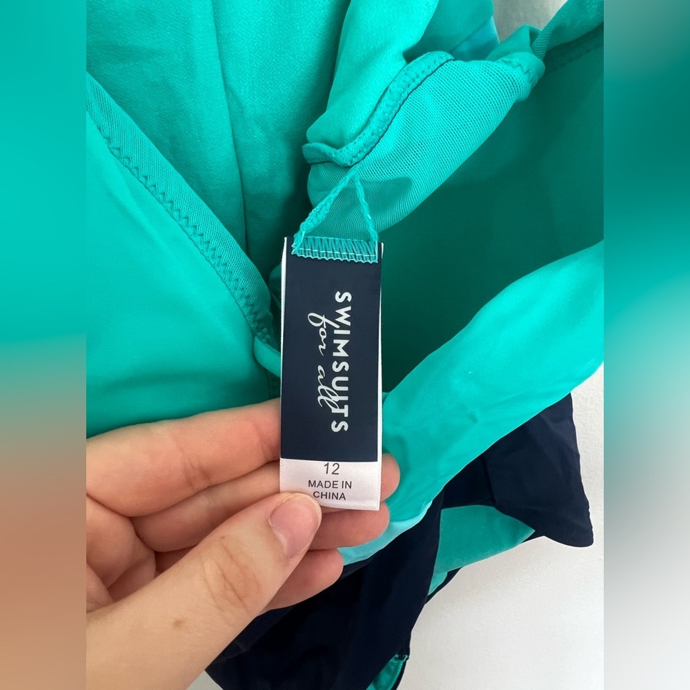 Swimsuits For All Colorblock One Piece Blue Green Plunge Size 12 NWT - Picture 3 of 3